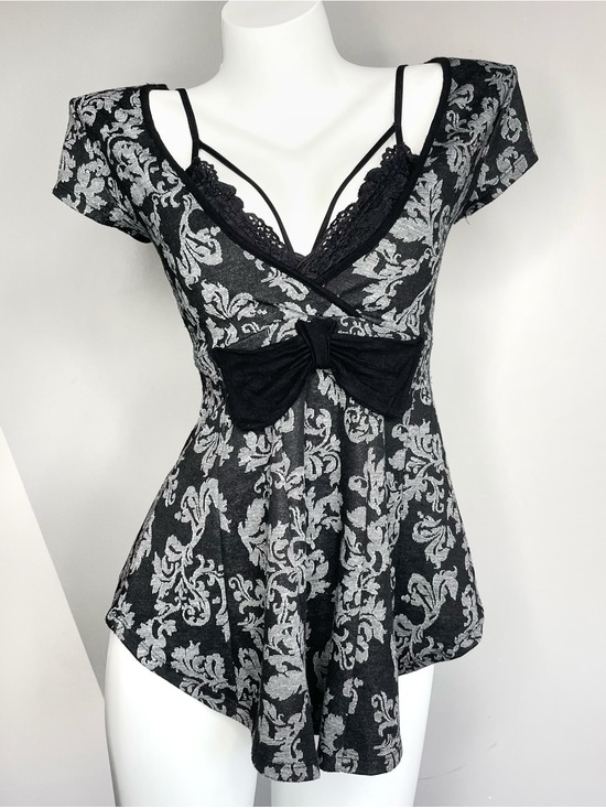 Monteau Tops - Vintage Black & Grey Gothic Low Cut Short Sleeve Peplum Top